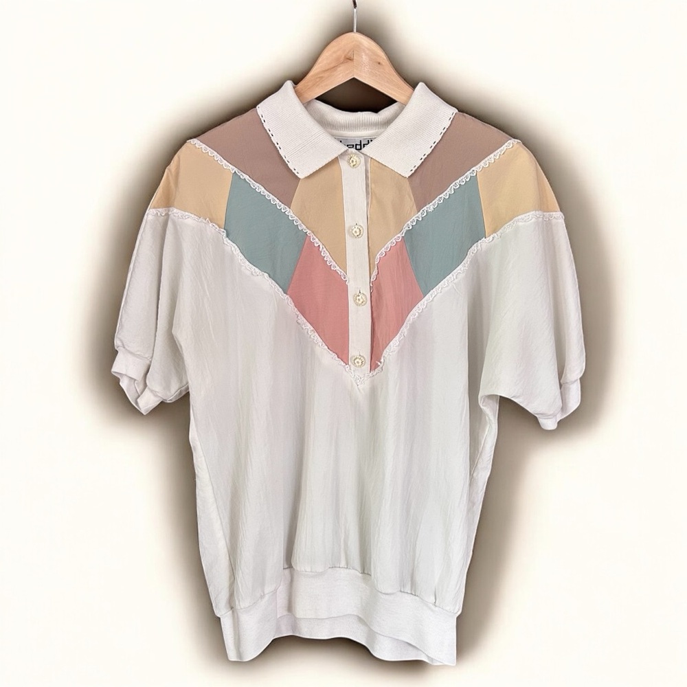 Vintage Colorblock Blouse with Lace Trim